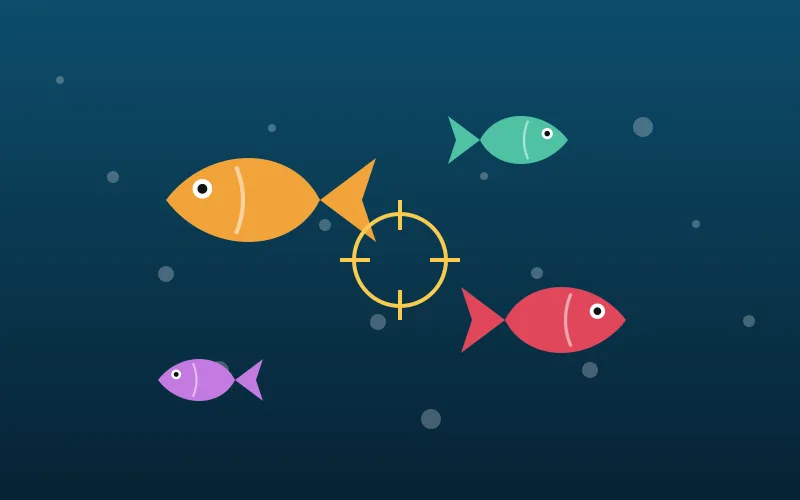 Dream Pokies fish games: colourful fish on a blue sea with an aiming crosshair